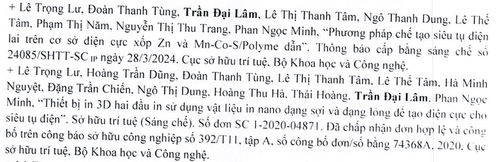 Danh mục một số công trình khoa học, bằng độc quyền sáng chế, giải pháp hữu ích trong 5 năm trở lại đây của Giáo sư Trần Đại Lâm (ảnh chụp màn hình bản kê khai của thầy Lâm) Danh mục một số công trình khoa học, bằng độc quyền sáng chế, giải pháp hữu ích trong 5 năm trở lại đây của Giáo sư Trần Đại Lâm (ảnh chụp màn hình bản kê khai của thầy Lâm)