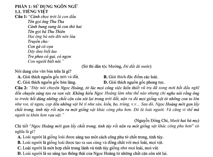 Một số câu hỏi trong phần thi thứ nhất (Sử dụng ngôn ngữ) của đề minh hoạ kỳ thi đánh giá năng lực năm 2025 Đại học Quốc gia Thành phố Hồ Chí Minh. Ảnh: Chụp màn hình. Ảnh màn hình 2024-11-12 lúc 19.50.00.png