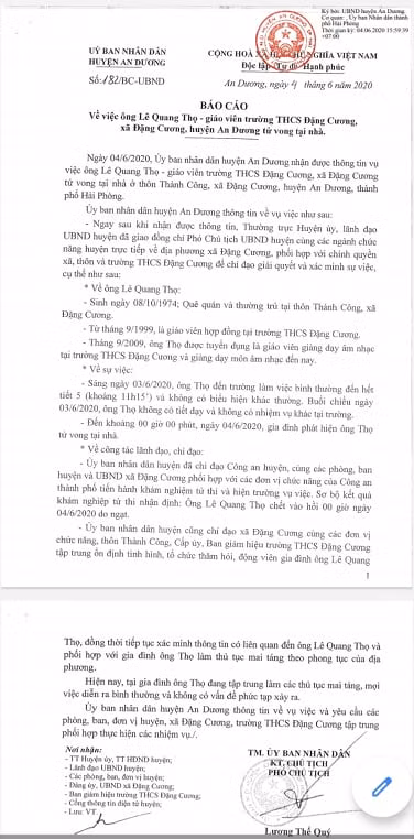 Báo cáo của Ủy ban nhân dân huyện An Dương (Hải Phòng) về việc thầy giáo Lê Quang Thọ tử vong tại nhà (Ảnh: LT) Báo cáo của Ủy ban nhân dân huyện An Dương (Hải Phòng) về việc thầy giáo Lê Quang Thọ tử vong tại nhà (Ảnh: LT)