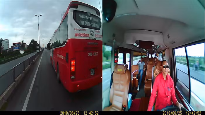 Xe Kumho- Việt Thanh đi trước bất ngờ phanh gấp, chèn ép xe của Công ty Việt Thanh vào dải phân cách giữa đường (Ảnh cắt từ clip).