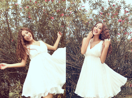 Mái tóc xoăn gợn sóng nhẹ nhàng, mềm mại, bay bổng theo chiều gió cùng với váy trắng ngắn xinh xắn. Mái tóc xoăn gợn sóng nhẹ nhàng, mềm mại, bay bổng theo chiều gió cùng với váy trắng ngắn xinh xắn.