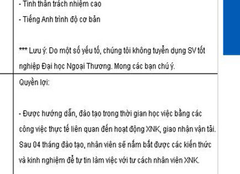 Mẩu ghi chú không nhận sinh viên tốt nghiệp Đại học Ngoại thương của công ty xuất nhập khẩu. Ảnh chụp màn hình