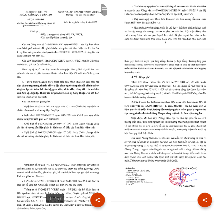 Văn bản của Phòng Giáo dục và Đào tạo quận Kiến An về thực hiện các khoản thu trong năm học 2021-2022 (Ảnh: Lã Tiến) Văn bản của Phòng Giáo dục và Đào tạo quận Kiến An về thực hiện các khoản thu trong năm học 2021-2022 (Ảnh: Lã Tiến)