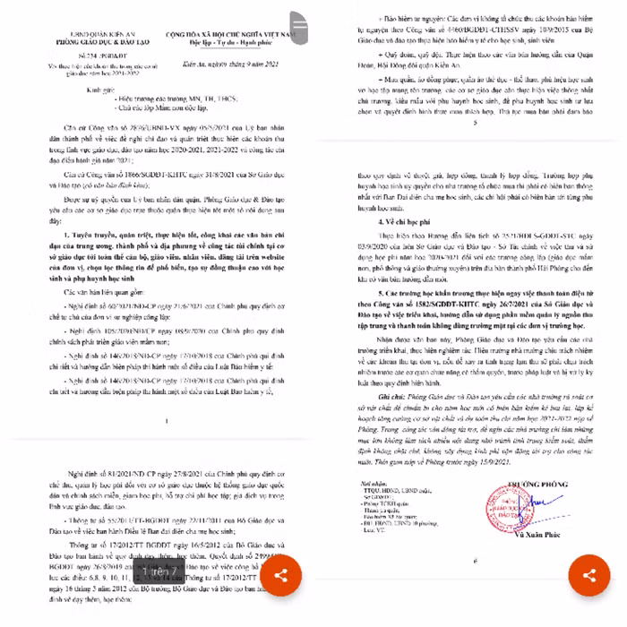 Văn bản của Phòng Giáo dục và Đào tạo quận Kiến An về thực hiện các khoản thu trong năm học 2021-2022 (Ảnh: Lã Tiến)