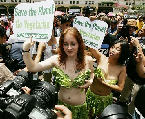 Các thiếu nữ là những nhà hoạt động của PETA của Mỹ, Philippine và Canada trong trang phục bikini rau diếp ở Plaza Minranda tại Manila, Philippine. Ảnh. Asianoffbeat.