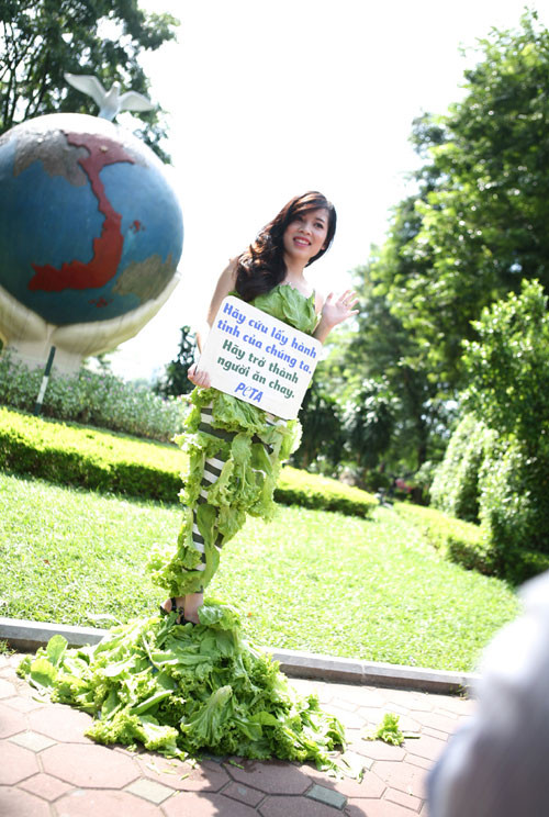 Đàm Hồng Loan, cô sinh viên năm 4 Học viện Tài Chính với bộ trang phục rau diếp và tấm biển kêu gọi mọi người cùng ăn chay.