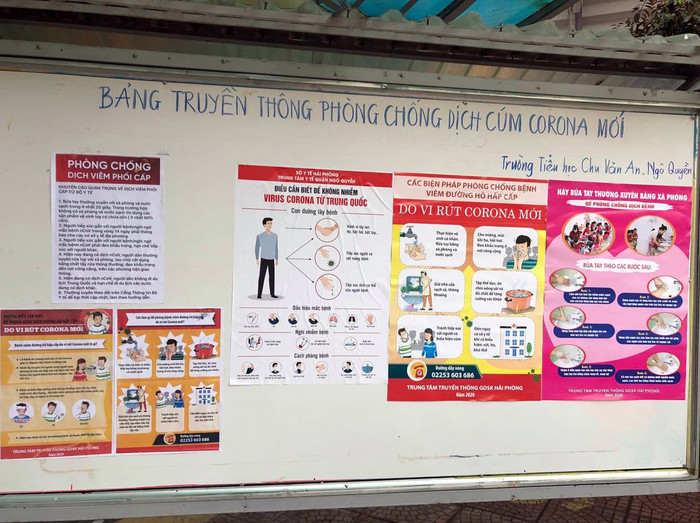 Bảng tuyên truyền phòng chống dịch bệnh do vi rút Corona gây ra của Trường tiểu học Chu Văn An (quận Ngô Quyền) (Ảnh: PD)