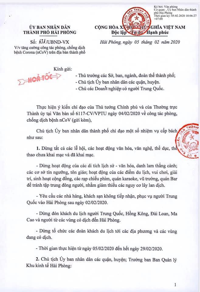 Ủy ban nhân dân thành phố Hải Phòng có công văn hỏa tốc về việc tăng cường biện pháp phòng, chống dịch bệnh Corona. (Ảnh: LT) Ủy ban nhân dân thành phố Hải Phòng có công văn hỏa tốc về việc tăng cường biện pháp phòng, chống dịch bệnh Corona. (Ảnh: LT)
