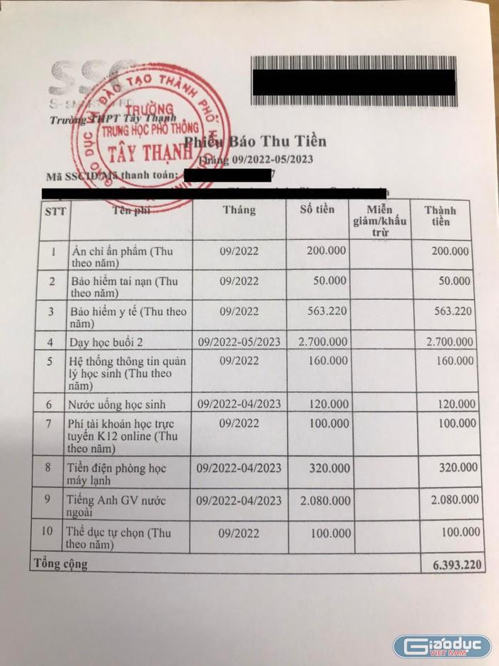 Bảng kê tiền thu đầu năm của Trường Trung học phổ thông Tây Thạnh ( Ảnh phụ huynh cung cấp) Bảng kê tiền thu đầu năm của Trường Trung học phổ thông Tây Thạnh ( Ảnh phụ huynh cung cấp)