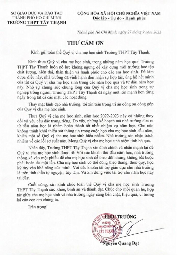 Thư cảm ơn và nhận sai sót gửi phụ huynh của thầy hiệu trưởng Trường Trung học phố thông Tây Thạnh (quận Tân Phú, Thành phố Hồ Chí Minh) Thư cảm ơn và nhận sai sót gửi phụ huynh của thầy hiệu trưởng Trường Trung học phố thông Tây Thạnh (quận Tân Phú, Thành phố Hồ Chí Minh)