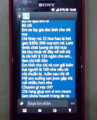 Tin nhắn được cho là của Phan Minh Chánh và giá bán danh hiệu Hoa hậu Phu nhân Người Việt Thế giới Tin nhắn được cho là của Phan Minh Chánh và giá bán danh hiệu Hoa hậu Phu nhân Người Việt Thế giới