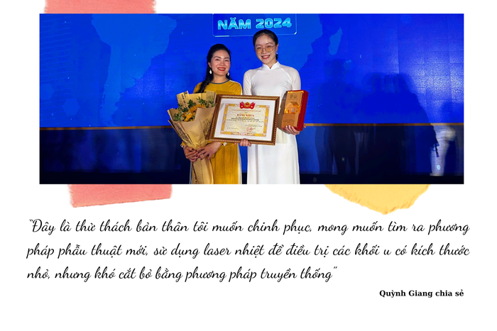 Nguyễn Quỳnh Giang (bên phải) đạt nhiều thành tích ấn tượng khi tham gia nghiên cứu khoa học. (Ảnh: NVCC) Trắng Xanh lá nhạt Vàng Thiệp Chương trình Thiệp ngang Đám tang (2).png