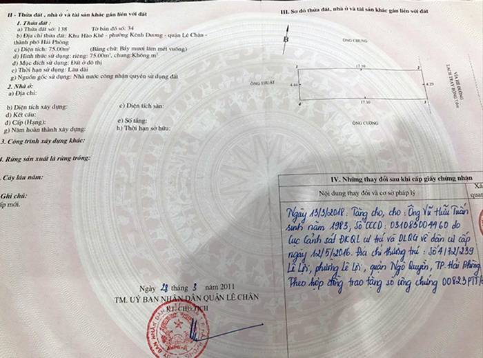 Công an xác định tại phần chuyển nhượng cho Vũ Hữu Tuấn, con dấu của Văn phòng đăng ký đất đai thuộc Sở Tài nguyên và Môi trường chi nhánh quận Lê Chân đã bị nhóm của Tùng làm giả. Công an xác định tại phần chuyển nhượng cho Vũ Hữu Tuấn, con dấu của Văn phòng đăng ký đất đai thuộc Sở Tài nguyên và Môi trường chi nhánh quận Lê Chân đã bị nhóm của Tùng làm giả.