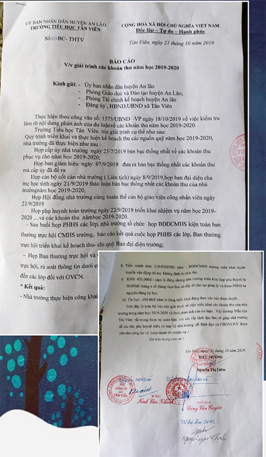 Ngay sau khi nhận được phản ánh của phụ huynh, nhà trường đã có văn bản báo cáo cấp trên về những khoản thu trong trường (Ảnh: Lã Tiến)