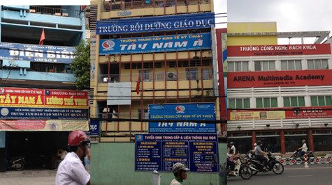 Điểm đặt lớp liên thông ĐH, CĐ của Trường ĐH Lương Thế Vinh, Trường ĐH Thái Bình Dương và CĐ Viễn Đông đều sai quy định - Ảnh: Minh Giảng