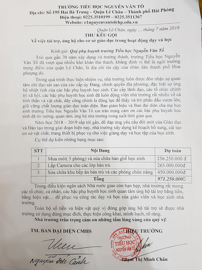 Thư kêu gọi tài trợ của Trường Tiểu học Nguyễn Văn Tố (Ảnh: Lã Tiến) Thư kêu gọi tài trợ của Trường Tiểu học Nguyễn Văn Tố (Ảnh: Lã Tiến)