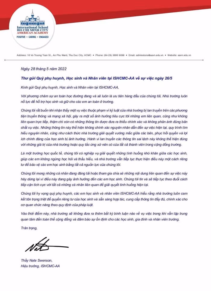 Thư gửi phụ huynh, học sinh Trường Quốc tế Thành phố Hồ Chí Minh của thầy Hiệu trưởng Nate Swenson Thư gửi phụ huynh, học sinh Trường Quốc tế Thành phố Hồ Chí Minh của thầy Hiệu trưởng Nate Swenson