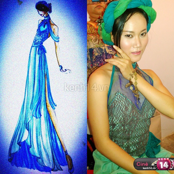 Kim Dung thể hiện sự khôn khéo. Chiếc đầm xanh của cô không được đẹp như tạo mẫu ban đầu. (Ảnh: kenh14) Xem thêm: Sao Việt và cuộc chạy đua "khoe" hàng hiệu nghìn đô