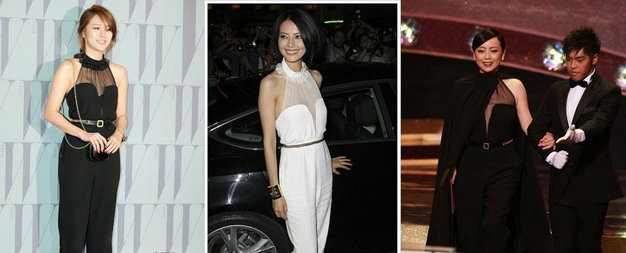 Mạc Văn Úy (giữa) với trang phục trắng bị đụng hàng cùng Lưu Gia Linh (phải).