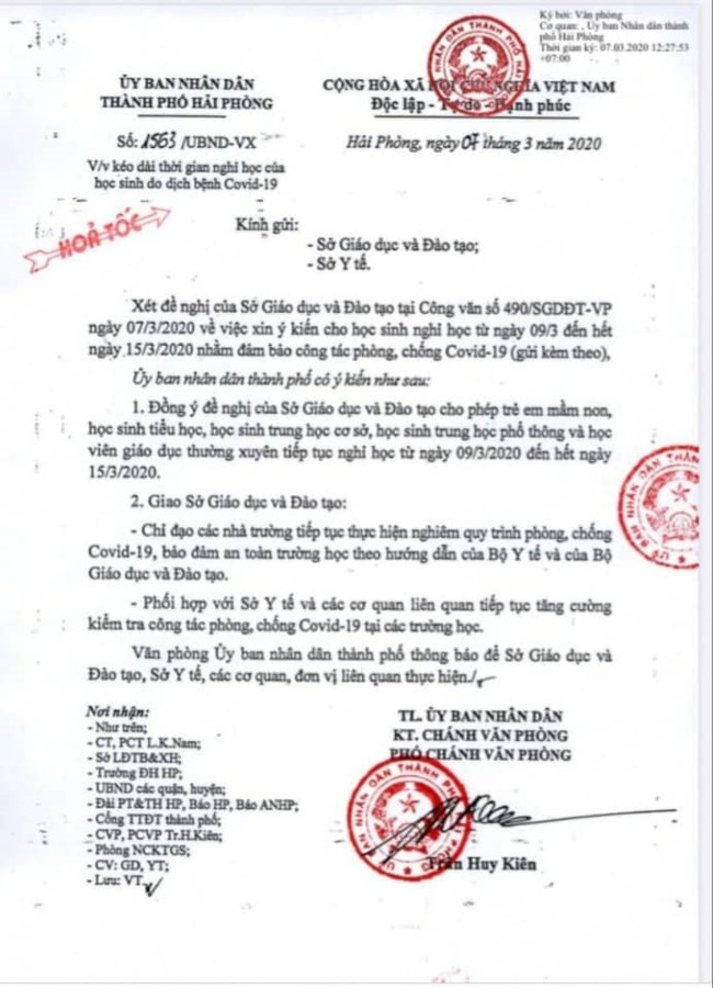Ủy ban nhân dân thành phố Hải Phòng có văn bản tiếp tục cho học sinh nghỉ học (Ảnh: Lã Tiến)
