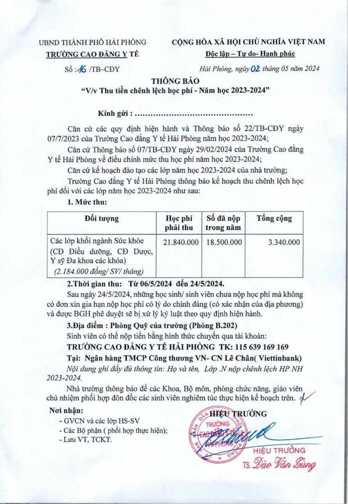 Thông báo thu tiền chênh lệch học phí của Trường Cao đẳng Y tế Hải Phòng (Ảnh: LT) GDVN_cao-dang-y-te-2.jpg