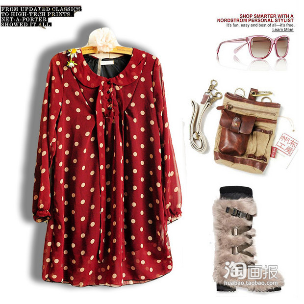 Một chiếc áo váy chấm bi điệu đà. Sắc màu đỏ mận chắc chắn sẽ giúp bạn trở nên thật nổi bật. Kết hợp cùng quần skinny màu ngọc trai, bốt lông mềm mại và túi xách nữa nhé. (Ảnh: HB) Một chiếc áo váy chấm bi điệu đà. Sắc màu đỏ mận chắc chắn sẽ giúp bạn trở nên thật nổi bật. Kết hợp cùng quần skinny màu ngọc trai, bốt lông mềm mại và túi xách nữa nhé. (Ảnh: HB)