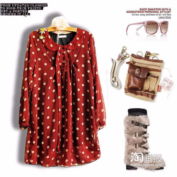 Một chiếc áo váy chấm bi điệu đà. Sắc màu đỏ mận chắc chắn sẽ giúp bạn trở nên thật nổi bật. Kết hợp cùng quần skinny màu ngọc trai, bốt lông mềm mại và túi xách nữa nhé. (Ảnh: HB)