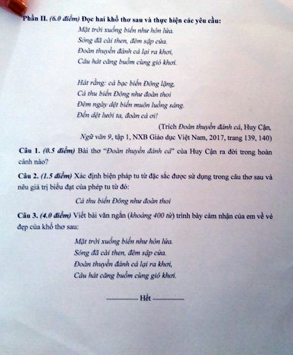 Đề thi môn Ngữ Văn kỳ thi tuyển sinh vào lớp 10 Trung học phổ thông năm học 2019-2020 tại Hải Phòng (Ảnh: Lã Tiến) Đề thi môn Ngữ Văn kỳ thi tuyển sinh vào lớp 10 Trung học phổ thông năm học 2019-2020 tại Hải Phòng (Ảnh: Lã Tiến)