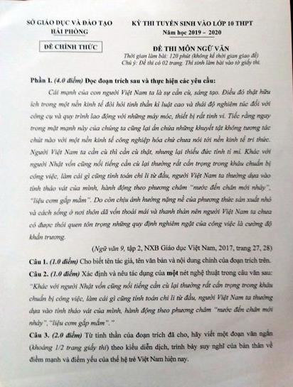 Đề thi môn Ngữ Văn kỳ thi tuyển sinh vào lớp 10 Trung học phổ thông năm học 2019-2020 tại Hải Phòng (Ảnh: Lã Tiến) Đề thi môn Ngữ Văn kỳ thi tuyển sinh vào lớp 10 Trung học phổ thông năm học 2019-2020 tại Hải Phòng (Ảnh: Lã Tiến)