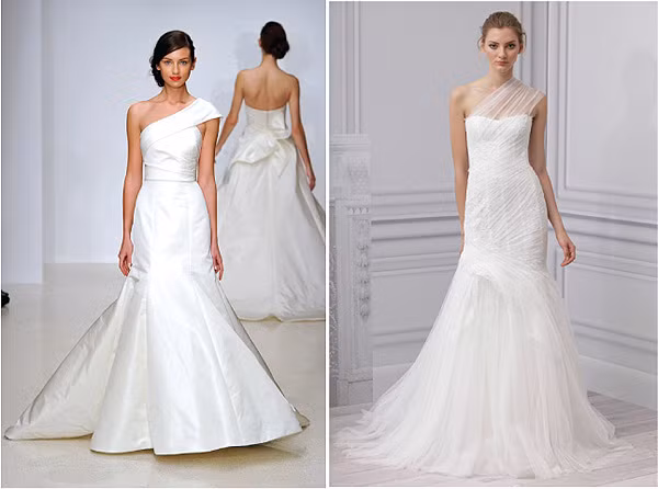 Một trong những xu hướng “hot” nhất của mùa mốt năm nay là mốt váy cưới lệch vai. Chiếc váy cưới lệch sẽ khiến cô dâu xinh đẹp như một nữ thần Hy Lạp, thanh lịch và tỏa sáng. Xem thêm: Những mẫu váy cưới làm nức lòng cô dâu mùa hạ