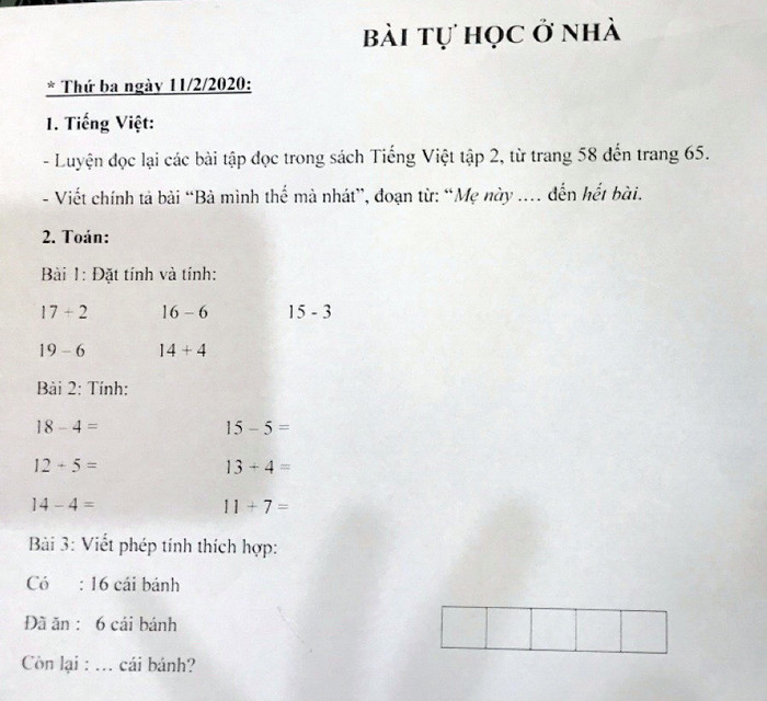 Phiếu bài tự học ở nhà của Trường Tiểu học Chu Văn An (quận Ngô Quyền) (Ảnh: LT) Phiếu bài tự học ở nhà của Trường Tiểu học Chu Văn An (quận Ngô Quyền) (Ảnh: LT)