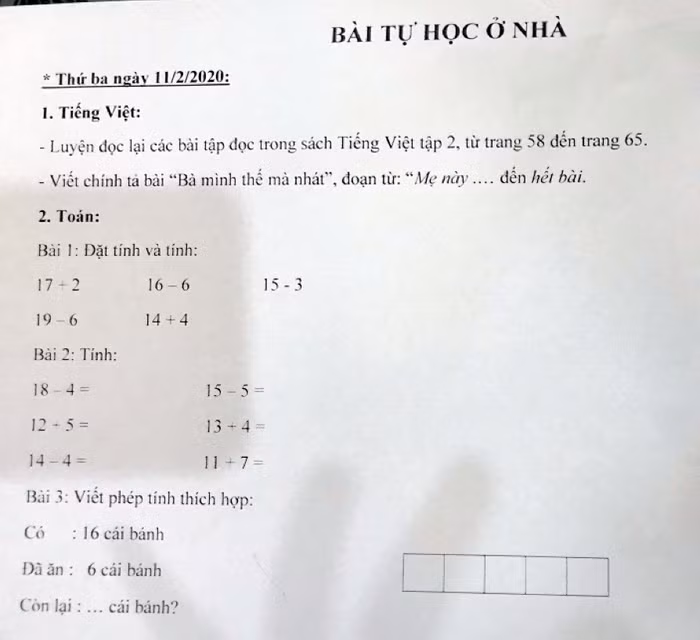 Phiếu bài tự học ở nhà của Trường Tiểu học Chu Văn An (quận Ngô Quyền) (Ảnh: LT)