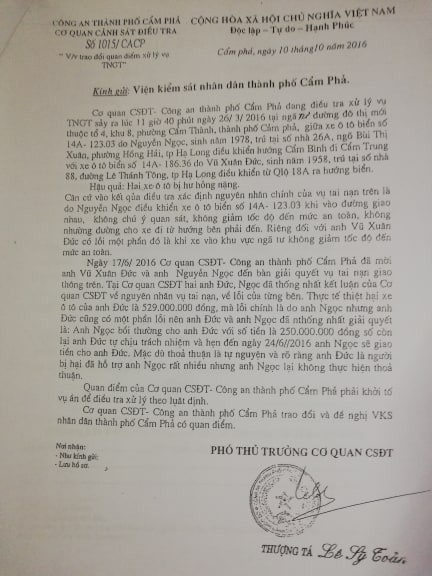 Văn bản của Cơ quan Cảnh sát điều tra Công an thành phố Cẩm Phả cho rằng phải khởi tố vụ án để điều tra theo luật định. (Ảnh: Lã Tiến) Văn bản của Cơ quan Cảnh sát điều tra Công an thành phố Cẩm Phả cho rằng phải khởi tố vụ án để điều tra theo luật định. (Ảnh: Lã Tiến)