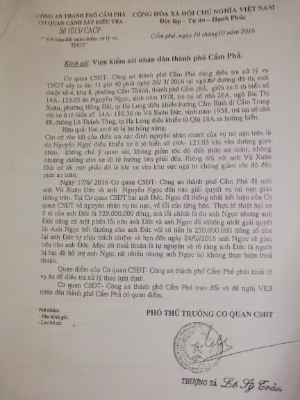 Văn bản của Cơ quan Cảnh sát điều tra Công an thành phố Cẩm Phả cho rằng phải khởi tố vụ án để điều tra theo luật định. (Ảnh: Lã Tiến)