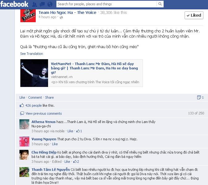 Những lời bình gay gắt trên facebook The voice đội Hà Hồ về nhận định của Thanh Lam.