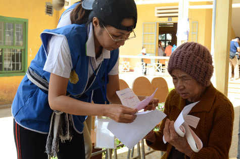 Đồng bào đến khám chữa bệnh sẽ được các bạn thiện nguyện viên trẻ giúp đỡ, chỉ bảo tận tình quy trình khám chữa bệnh tại các phòng Nội, phòng Đông Y, phòng Mắt...