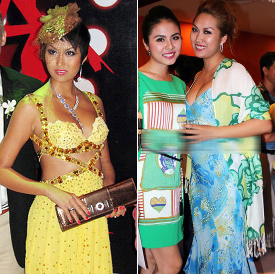 Bộ phục trang choe chóe, cùng chiếc mũ đội đầu biến người đẹp da nâu không khác gì một chú... công xấu xí. Trong một lần khác, "nàng" còn nghiễm nhiên diện chiếc váy xanh thiết kế thiếu tinh tế, khoe trọn vẹn thân hình nở nang, mập mạp của mình. Kiểu "mặ đẹp" của Phi Thanh Vân khiến không ít tín đồ yêu thời trang buồn "phát khóc". (Ảnh: ione) Xem thêm: Điểm danh những chiếc "cằm mới" của Sao Việt.