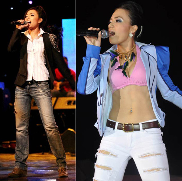 Tina Tình sở hữu chất giọng lạ, phong cách khá mạnh mẽ nhưng vẻ cá tính chưa được trau chuốt đó đã dẫn tới những bộ cánh biểu diễn lạc mốt một cách tệ hại. (Ảnh: ione) Xem thêm: Điểm danh những chiếc "cằm mới" của Sao Việt.