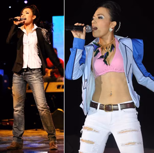 Tina Tình sở hữu chất giọng lạ, phong cách khá mạnh mẽ nhưng vẻ cá tính chưa được trau chuốt đó đã dẫn tới những bộ cánh biểu diễn lạc mốt một cách tệ hại. (Ảnh: ione) Xem thêm: Điểm danh những chiếc "cằm mới" của Sao Việt.