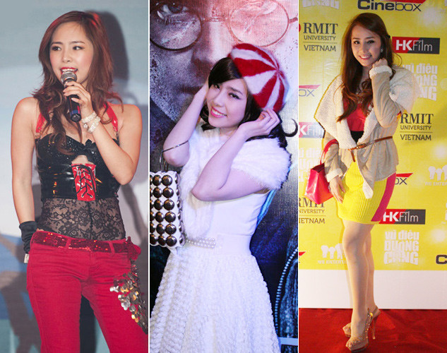 Quỳnh Nga vốn sở hữu gương mặt và vóc dáng rất ưa nhìn nhưng "cá sấu chúa" thường lạm dụng các chi tiết trên trang phục và ham màu sắc dẫn tới những bộ cánh trông khá "quê".(Ảnh: ione) Xem thêm: Điểm danh những chiếc "cằm mới" của Sao Việt.