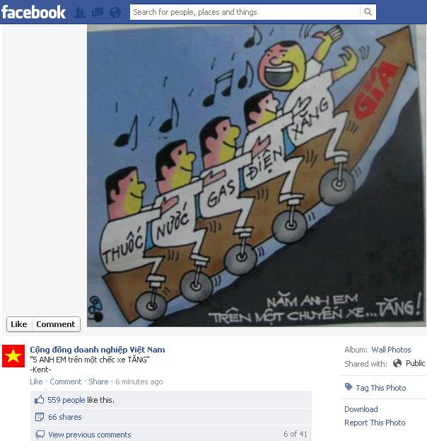 Tình trạng tăng giá xăng, điện, gas, nước, thuốc được phản ánh sinh động bằng một bức biếm họa cực chất đăng trên facebook. Tình trạng tăng giá xăng, điện, gas, nước, thuốc được phản ánh sinh động bằng một bức biếm họa cực chất đăng trên facebook.