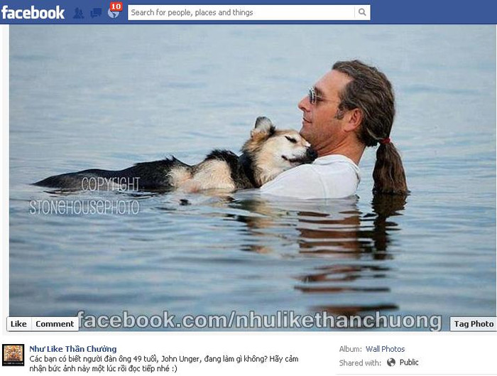 Các bạn có biết người đàn ông 49 tuổi, John Unger, đang làm gì không? Chú chó trong hình tên là Schroep, 19 tuổi. Chú ta mắc bệnh viêm khớp, bệnh thường thấy ở tuổi già. Căn bệnh này khiến Schroep đau đớn và khó có được một giấc ngủ bình thường. Để giảm bớt đau đớn cho Schroep, cộng với tình yêu dành cho người bạn bốn chân này, Unger hàng ngày vẫn ôm chú chó tội nghiệp ngâm mình xuống hồ nước gần nhà. Nước ấm ở đây đã làm cho Schroep cảm thấy dễ chịu và gục đầu ngủ ngon lành bên cạnh chủ nhân của mình. Các bạn có biết người đàn ông 49 tuổi, John Unger, đang làm gì không? Chú chó trong hình tên là Schroep, 19 tuổi. Chú ta mắc bệnh viêm khớp, bệnh thường thấy ở tuổi già. Căn bệnh này khiến Schroep đau đớn và khó có được một giấc ngủ bình thường. Để giảm bớt đau đớn cho Schroep, cộng với tình yêu dành cho người bạn bốn chân này, Unger hàng ngày vẫn ôm chú chó tội nghiệp ngâm mình xuống hồ nước gần nhà. Nước ấm ở đây đã làm cho Schroep cảm thấy dễ chịu và gục đầu ngủ ngon lành bên cạnh chủ nhân của mình.