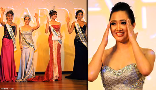 Karisa Sukamto vẫn còn bàng hoàng khi được xướng tên trở thành người chiến thắng tại Miss Singapore World 2012. Ảnh. TNP.
