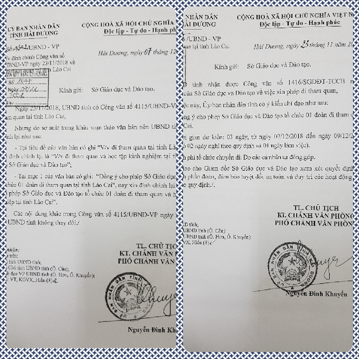Hai văn bản do ông Nguyễn Đình Khuyến ký đồng ý cho Sở Giáo dục và Đào tạo Hải Dương đi tham quan trong ngày làm việc. (Ảnh: Lã Tiến)