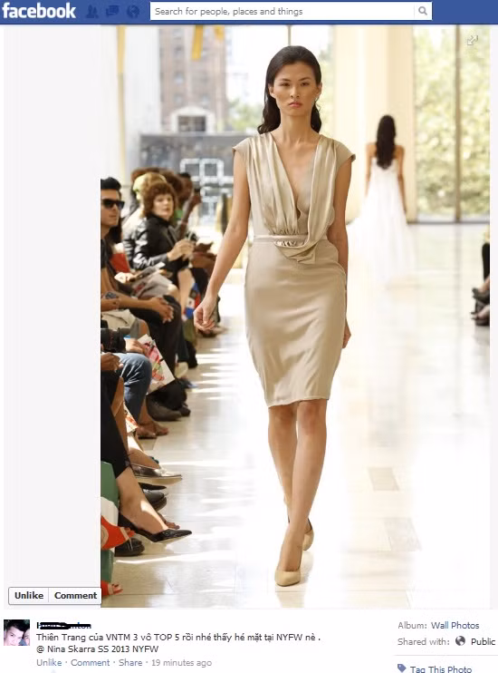 Hình chụp màn hình facebook cho thấy Cao Thị Thiên Trang tại một sự kiện được cho là NYFW 2013. Hình chụp màn hình facebook cho thấy Cao Thị Thiên Trang tại một sự kiện được cho là NYFW 2013.