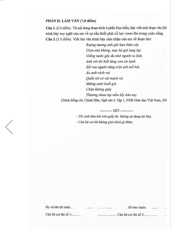Đề thi Ngữ văn kỳ thi tuyển sinh vào lớp 10 năm học 2023-2024 tại Hải Phòng (Ảnh: LT)