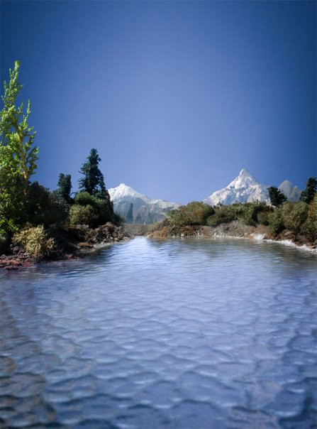 Cảnh vật này được tạo ra từ nhiều hỗn hợp vật liệu khác nhau, gạch vữa, rêu, bàn chải (cây thông). Mặt hồ được tạo ra từ tấm thủy tinh. Bầu trời là vải sơn màu xanh. Màu sắc được điều chỉnh bằng cách thay đổi cân bằng trắng