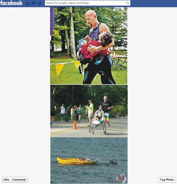 Tại tiểu bang Michigan, Hoa Kỳ, người cha cùng cô con gái 13 tuổi bị bệnh bại não, đã tham gia cuộc thi có tên là “Ironman”. Bốn năm trước, ông Rich, cha của cô bé đã cùng bé tham gia một cuộc thi marathon, và ông phát hiện cô con gái rất là vui. Từ đó ông quyết định rèn luyện thể lực, cùng cô bé thành lập một nhóm. Từ bơi lội, điền kinh đến cả môn đua xe đạp, bất kỳ môn thể thao nào, hai cha con đều cùng sánh bước bên nhau. Cặp đôi cha con này từ năm 2008 đã tham gia hết thảy 70 cuộc thi…Ông Rich nói : “Điều tôi cần đó là có thể nhìn thấy nụ cười trên khuôn mặt con bé.” “Hy vọng có thể khiến cho những bậc cha mẹ như chúng tôi đây biết rằng, vẫn còn nhiều biện pháp để cho con cái bạn tận hưởng giá trị cuộc sống.” — with Hai Au, Bui Hang, Ya Go Fa, Trinh Kim Kim, Jane Hoang, Chuột Tí, Van Hoang and Elizabeth Nguyen. 1,106 người ấn Like cho hình ảnh và câu chuyện xúc động về tình phụ tử trên đất Mỹ. Tại tiểu bang Michigan, Hoa Kỳ, người cha cùng cô con gái 13 tuổi bị bệnh bại não, đã tham gia cuộc thi có tên là “Ironman”. Bốn năm trước, ông Rich, cha của cô bé đã cùng bé tham gia một cuộc thi marathon, và ông phát hiện cô con gái rất là vui. Từ đó ông quyết định rèn luyện thể lực, cùng cô bé thành lập một nhóm. Từ bơi lội, điền kinh đến cả môn đua xe đạp, bất kỳ môn thể thao nào, hai cha con đều cùng sánh bước bên nhau. Cặp đôi cha con này từ năm 2008 đã tham gia hết thảy 70 cuộc thi…Ông Rich nói : “Điều tôi cần đó là có thể nhìn thấy nụ cười trên khuôn mặt con bé.” “Hy vọng có thể khiến cho những bậc cha mẹ như chúng tôi đây biết rằng, vẫn còn nhiều biện pháp để cho con cái bạn tận hưởng giá trị cuộc sống.” — with Hai Au, Bui Hang, Ya Go Fa, Trinh Kim Kim, Jane Hoang, Chuột Tí, Van Hoang and Elizabeth Nguyen. 1,106 người ấn Like cho hình ảnh và câu chuyện xúc động về tình phụ tử trên đất Mỹ.