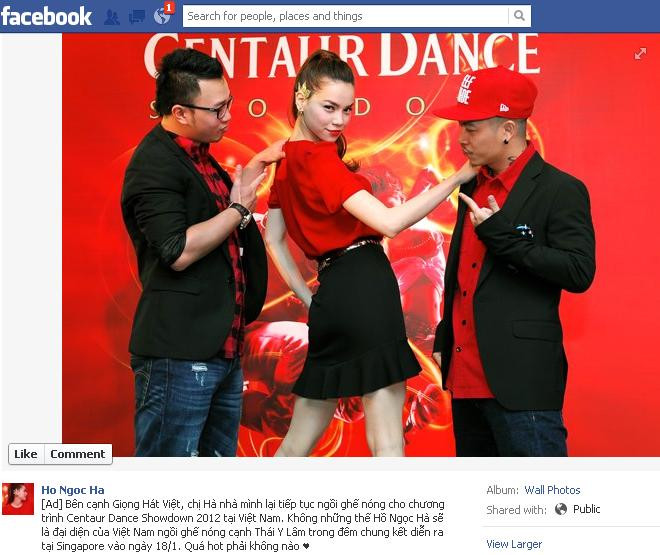 Bên cạnh Giọng Hát Việt, Hồ Ngọc Hà lại tiếp tục ngồi ghế nóng cho chương trình Centaur Dance Showdown 2012 tại Việt Nam. Không những thế Hồ Ngọc Hà sẽ là đại diện của Việt Nam ngồi ghế nóng cạnh Thái Y Lâm trong đêm chung kết diễn ra tại Singapore vào ngày 18/1. Bên cạnh Giọng Hát Việt, Hồ Ngọc Hà lại tiếp tục ngồi ghế nóng cho chương trình Centaur Dance Showdown 2012 tại Việt Nam. Không những thế Hồ Ngọc Hà sẽ là đại diện của Việt Nam ngồi ghế nóng cạnh Thái Y Lâm trong đêm chung kết diễn ra tại Singapore vào ngày 18/1.