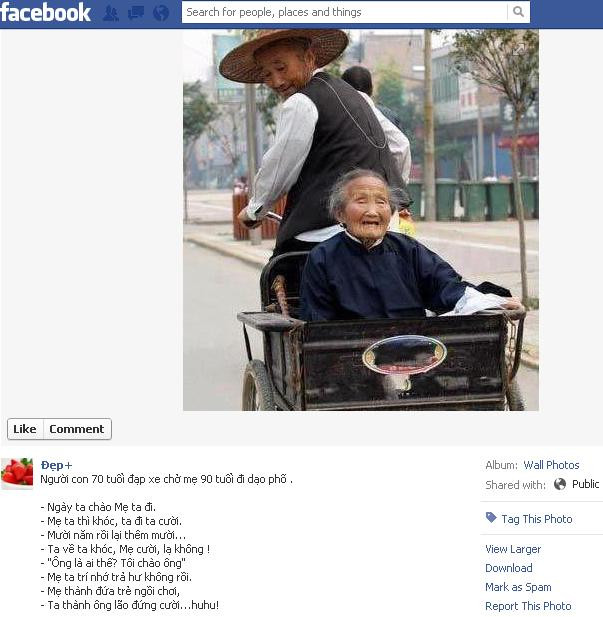 Người con 70 tuổi đạp xe chở mẹ 90 tuổi đi dạo phố . - Ngày ta chào Mẹ ta đi. - Mẹ ta thì khóc, ta đi ta cười. - Mười năm rồi lại thêm mười... - Ta về ta khóc, Mẹ cười, lạ không ! - "Ông là ai thế? Tôi chào ông" - Mẹ ta trí nhớ trả hư không rồi. - Mẹ thành đứa trẻ ngồi chơi, - Ta thành ông lão đứng cười...huhu! Người con 70 tuổi đạp xe chở mẹ 90 tuổi đi dạo phố . - Ngày ta chào Mẹ ta đi. - Mẹ ta thì khóc, ta đi ta cười. - Mười năm rồi lại thêm mười... - Ta về ta khóc, Mẹ cười, lạ không ! - "Ông là ai thế? Tôi chào ông" - Mẹ ta trí nhớ trả hư không rồi. - Mẹ thành đứa trẻ ngồi chơi, - Ta thành ông lão đứng cười...huhu!